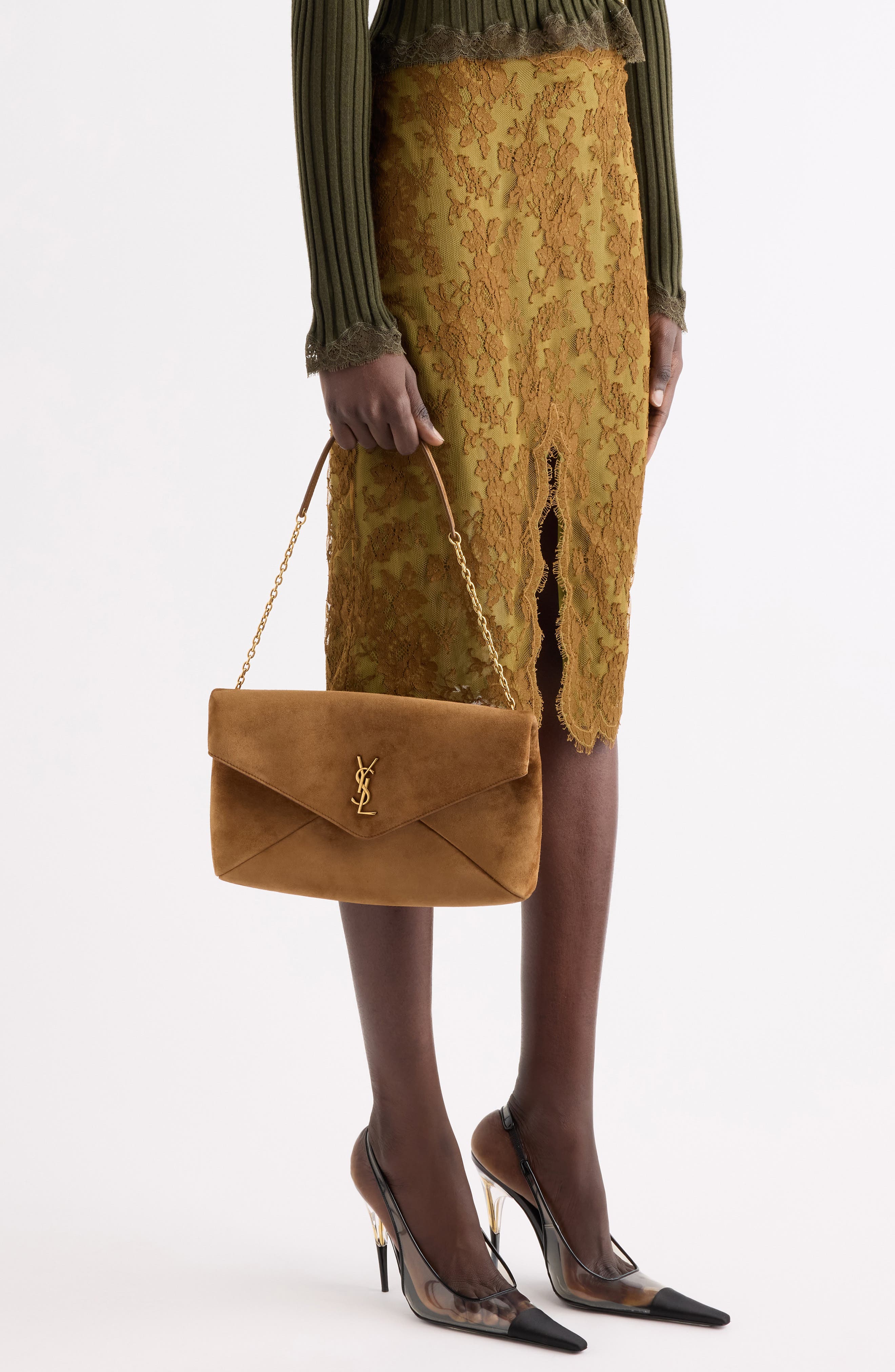 Large Envelope Suede Pouch on Chain, Alternate, color, CARAMEL COGNAC