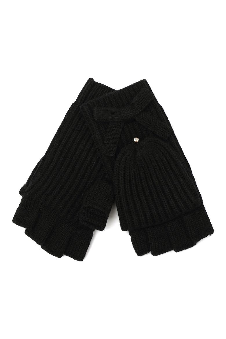 knit bow pop-top mittens, Main, color, BLACK