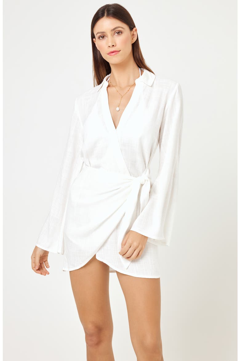 Las Palmas Long Sleeve Cover-Up Wrap Dress, Alternate, color, CREAM