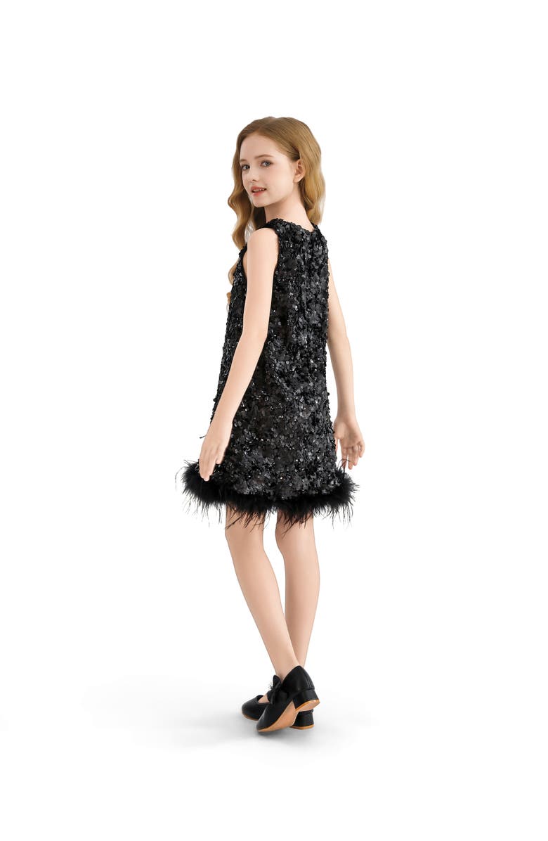 Tulleen Sequin Feather-Hem Dress, Alternate, color, Black