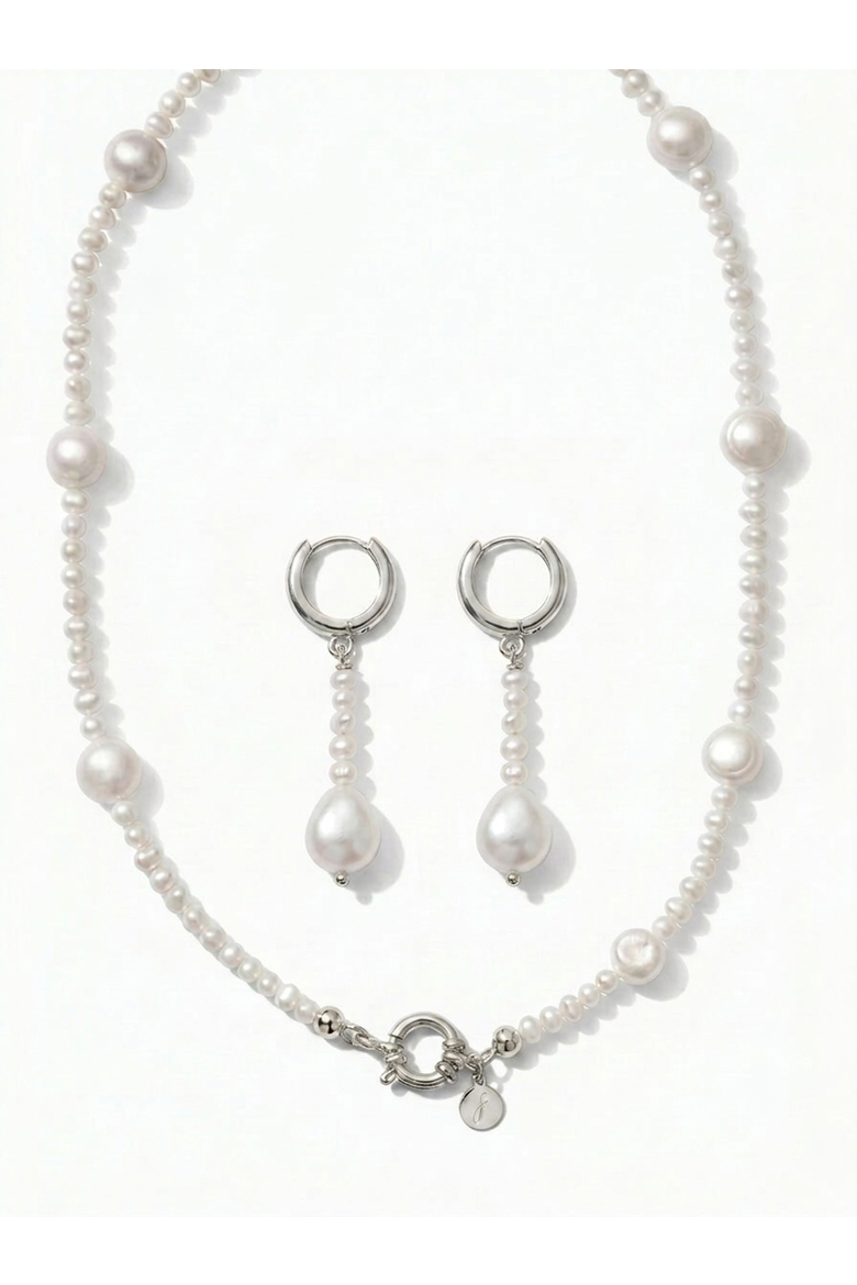 Kylie Pearl Strand Necklace & Drop Hoop Earring Set - Silver, Main, color, Metallic Silver