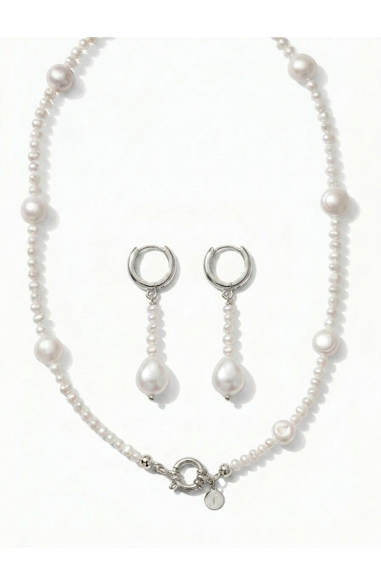 Joey Baby Kylie Pearl Strand Necklace & Drop Hoop Earring Set - Silver, Main, color, Metallic Silver