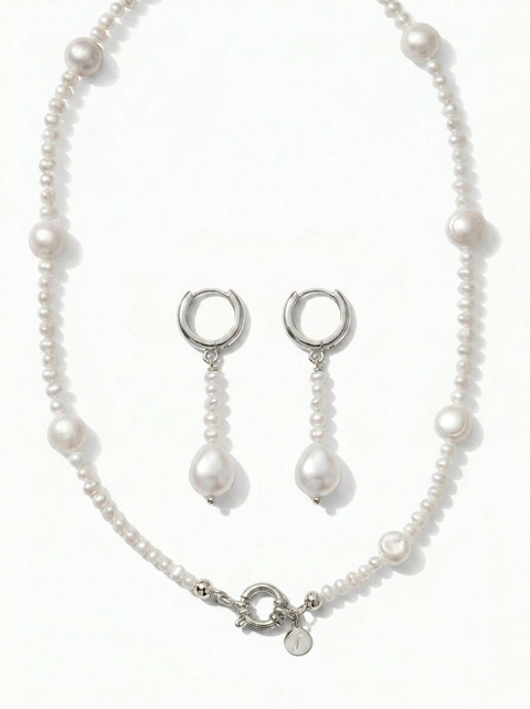 Kylie Pearl Strand Necklace & Drop Hoop Earring Set - Silver