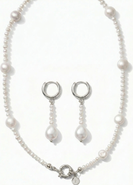 Joey Baby Kylie Pearl Strand Necklace & Drop Hoop Earring Set - Silver