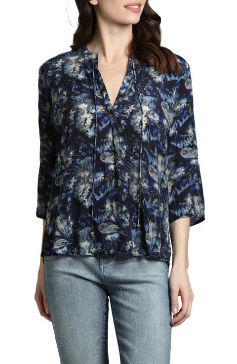 Print Tassel Split Neck Chiffon Top