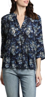 APNY Print Tassel Split Neck Chiffon Top