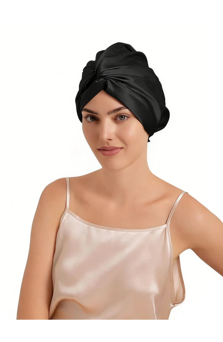 SILKSILKY 22Momme Pure Silk Knot Front Hair Bonnet with Adjustable Button Design, Main, color, Black