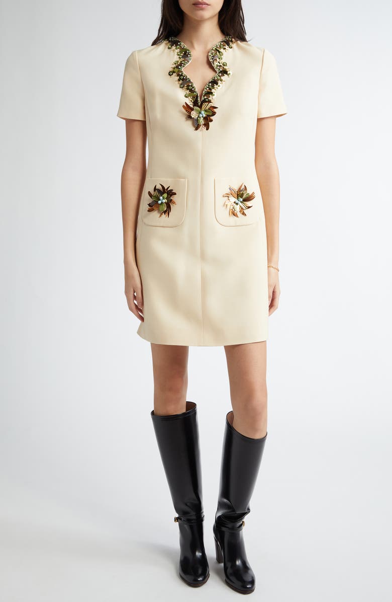 Valentino Garavani Embellished Crepe Couture Shift Minidress, Main, color, Ivory Multi