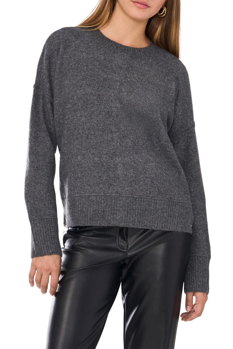Three Button Crewneck Sweater, Main, color, MEDIUM HEATHER GREY