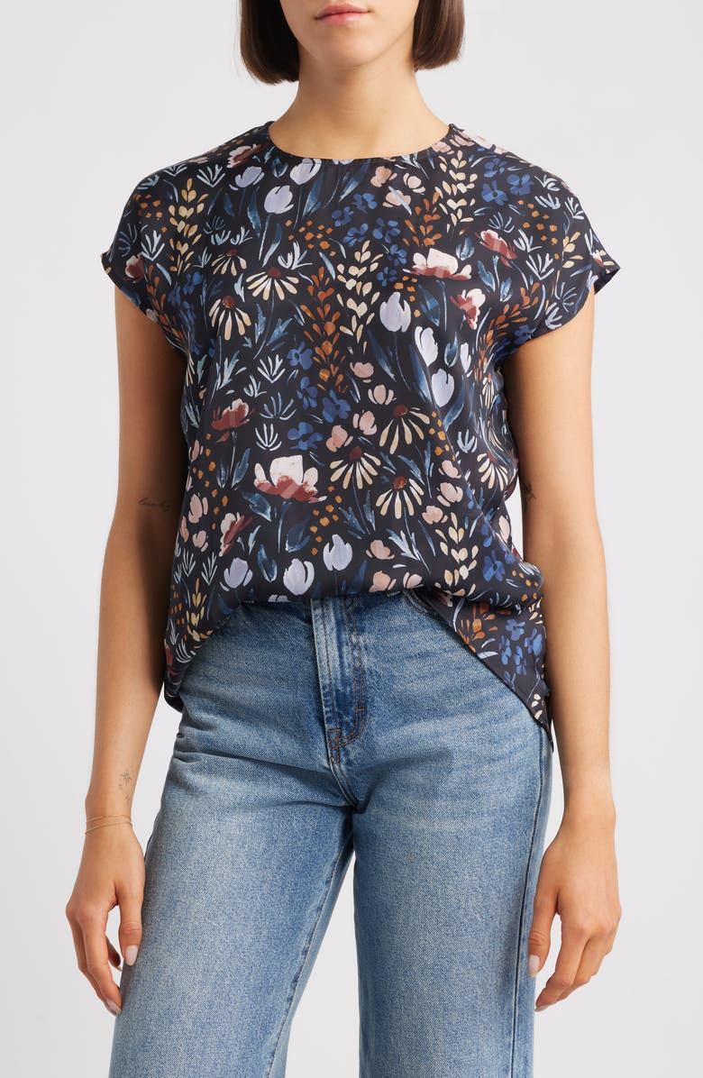 APNY Print Cap Sleeve Shell, Main, color, Black Multi