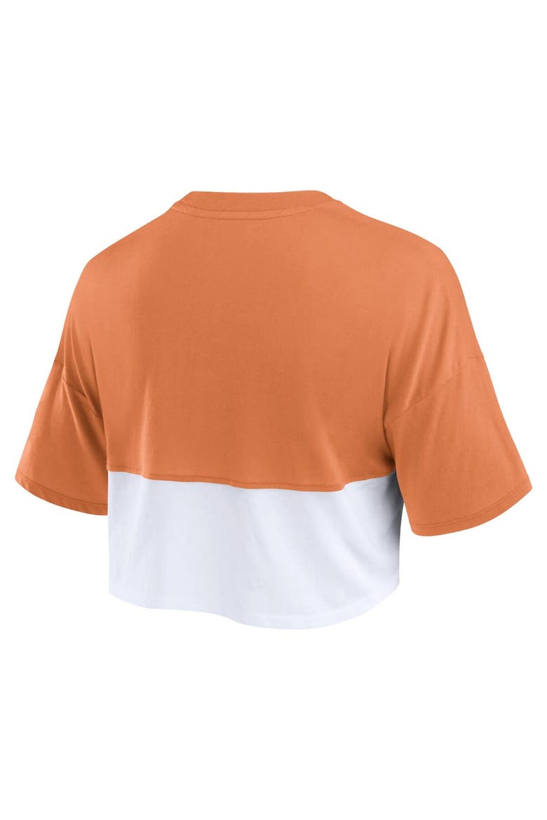 Women's Fanatics Branded Texas Orange/White Texas Longhorns Oversized Badge Colorblock Cropped T-Shirt, Alternate, color, Burnt Orange