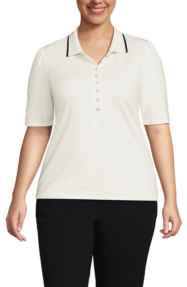 Lands' End Elbow Sleeve Lightweight Jersey Embellished Polo, Main, color, Ivory/Black