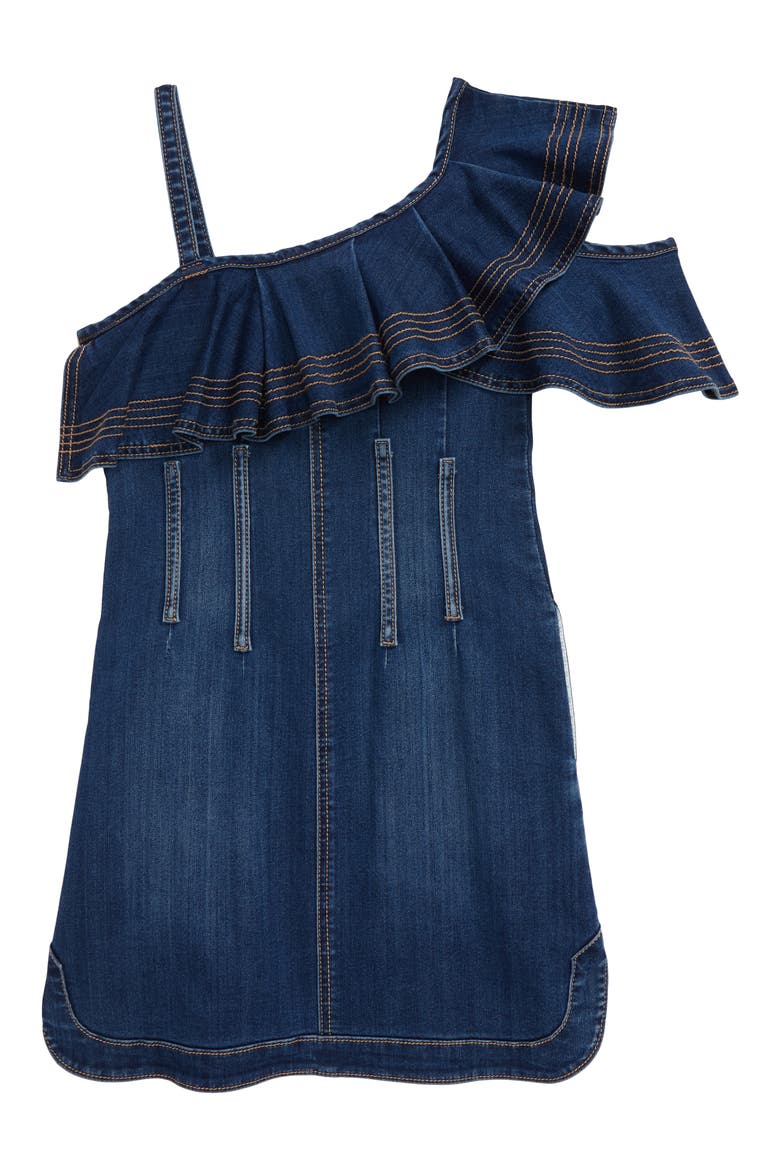 Habitual Ruffle Cold-Shoulder Denim Dress, Alternate, color, DARK STONE