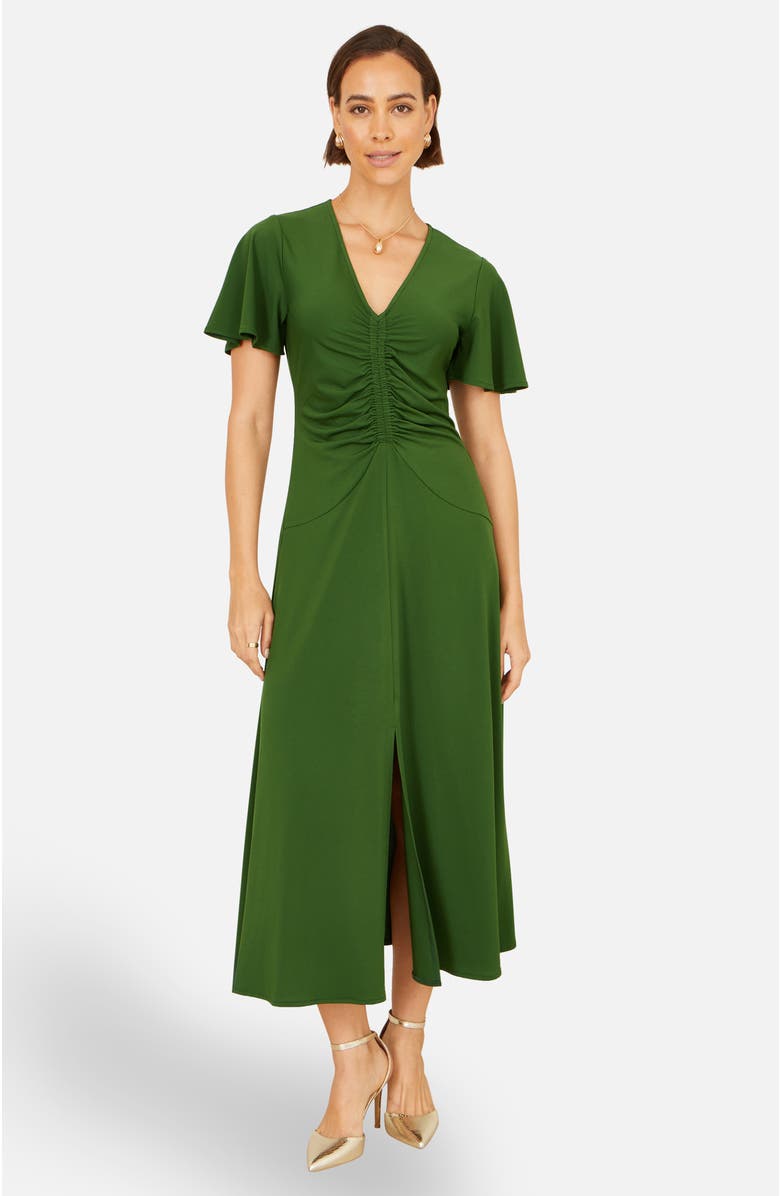 Yumi Ruched Front Stretch Midi Dress, Main, color, Green