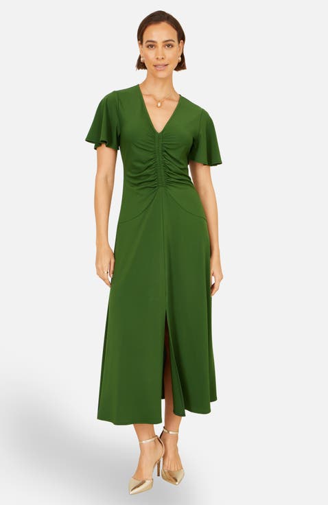 Ruched Front Stretch Midi Dress