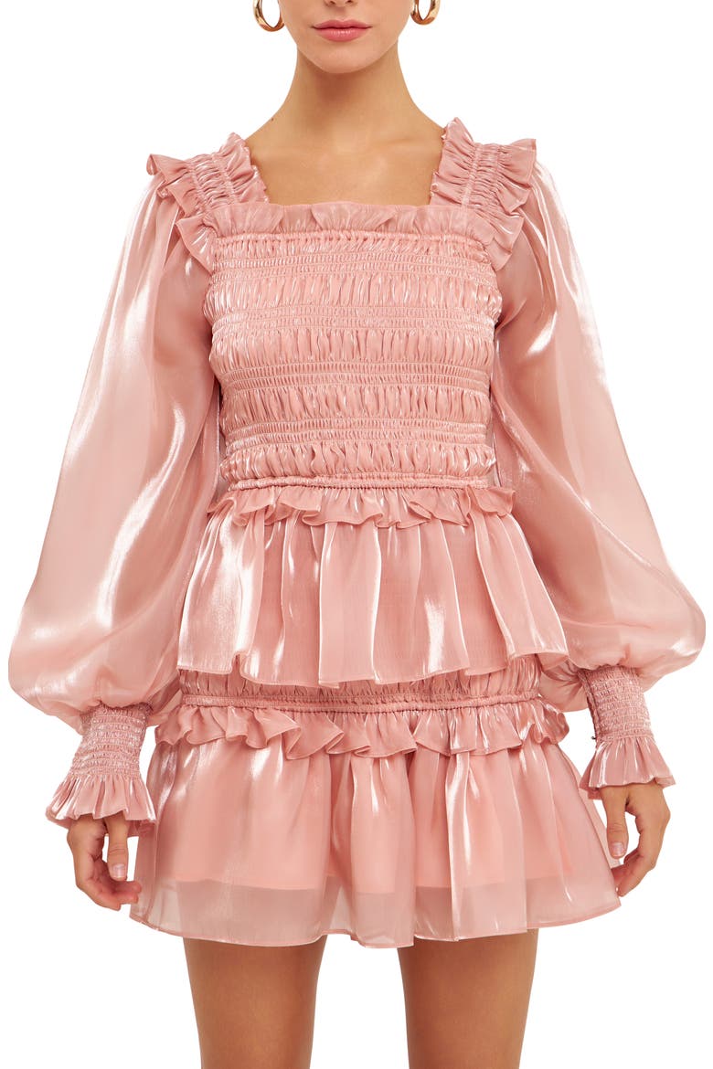 Metallic Sheen Long Sleeve Ruffle Minidress, Alternate, color, ROSE