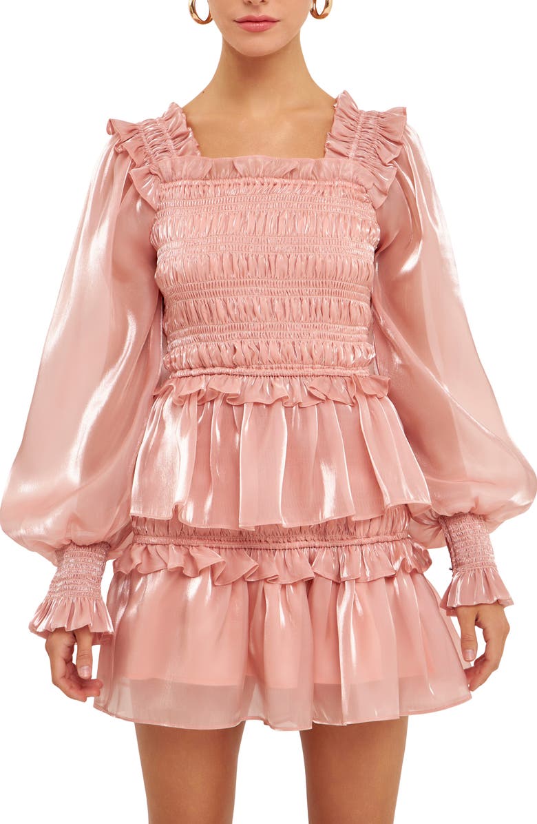 Endless Rose Metallic Sheen Long Sleeve Ruffle Minidress, Alternate, color, Rose