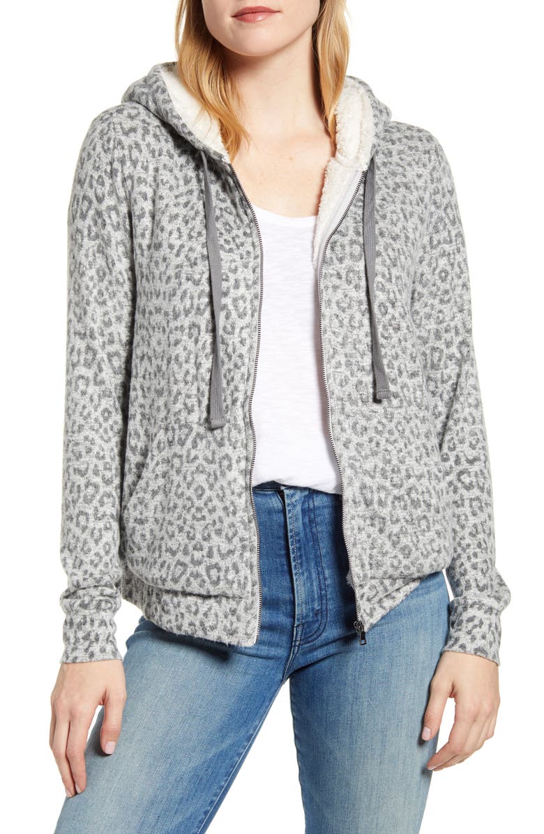 Bobeau Faux Shearling Lined Zip Hoodie, Main, color, 