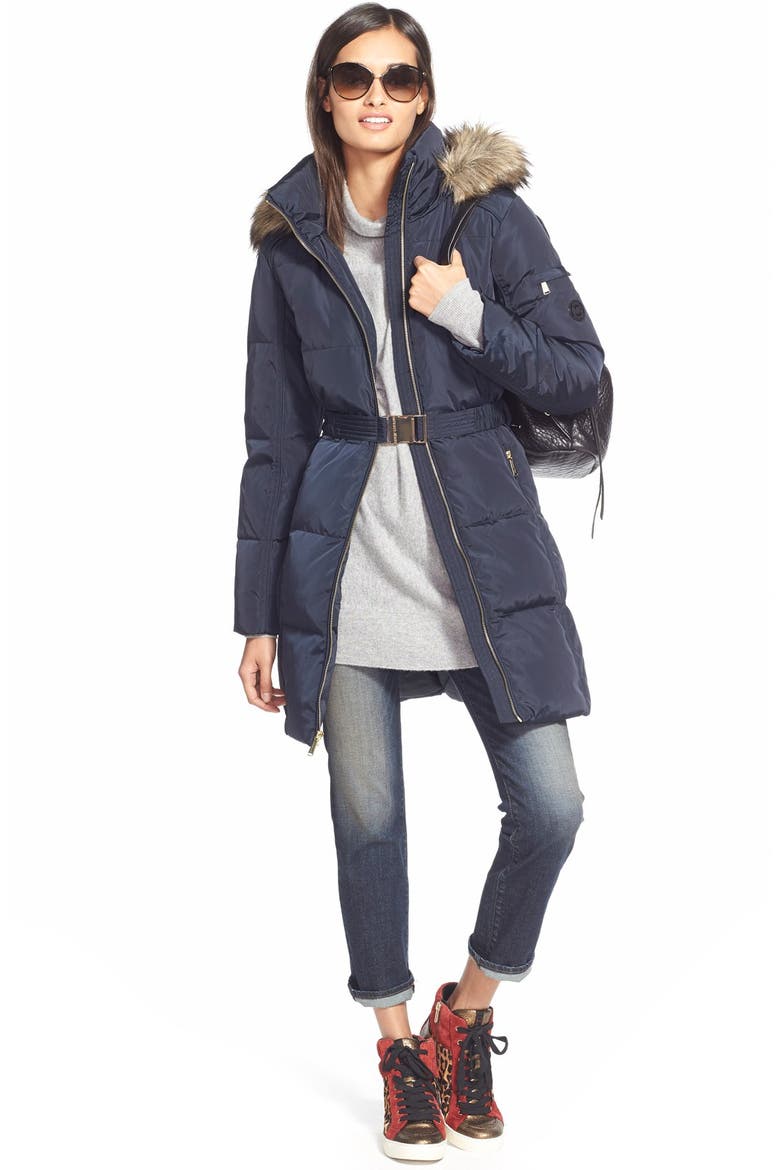 Faux Fur Trim Belted Down & Feather Fill Parka, Alternate, color, NAVY