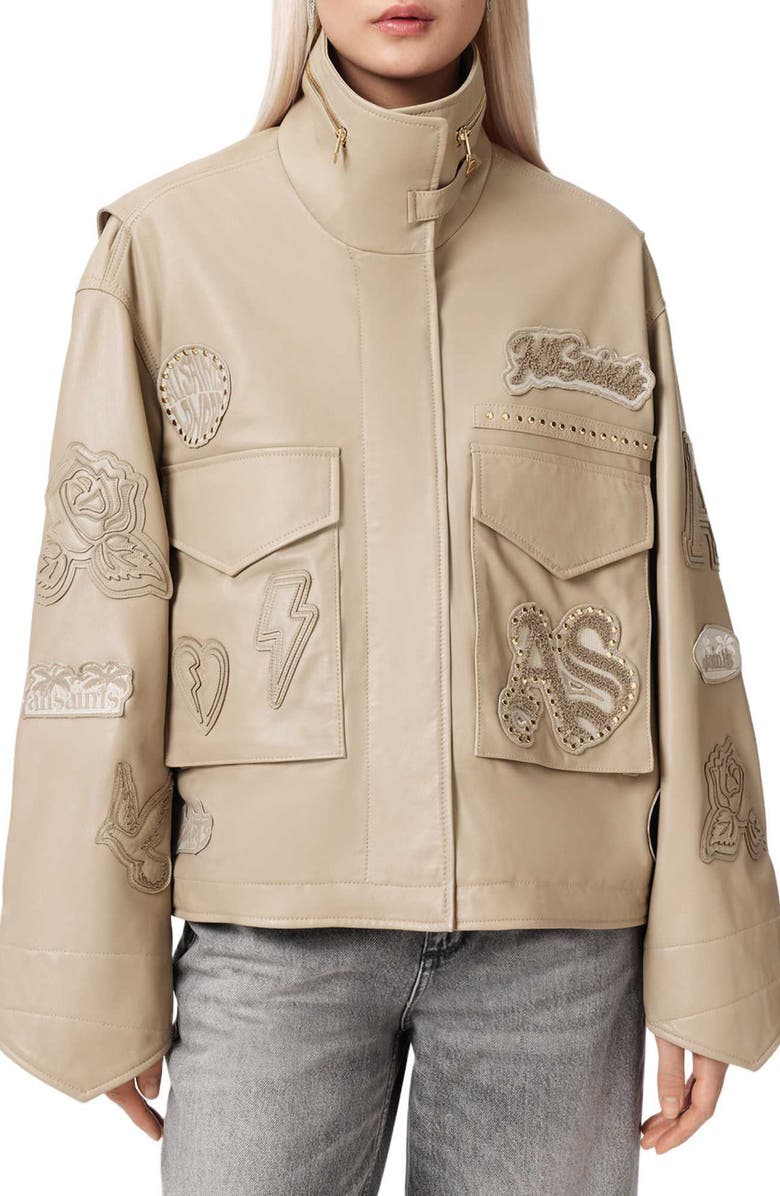 AllSaints Logo Patch Jacket, Main, color, Taupe Brown