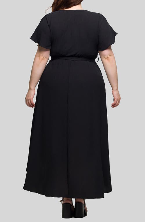 24seven Comfort Apparel Plus Size V-neck Belted Faux Wrap High Low Dress In Black