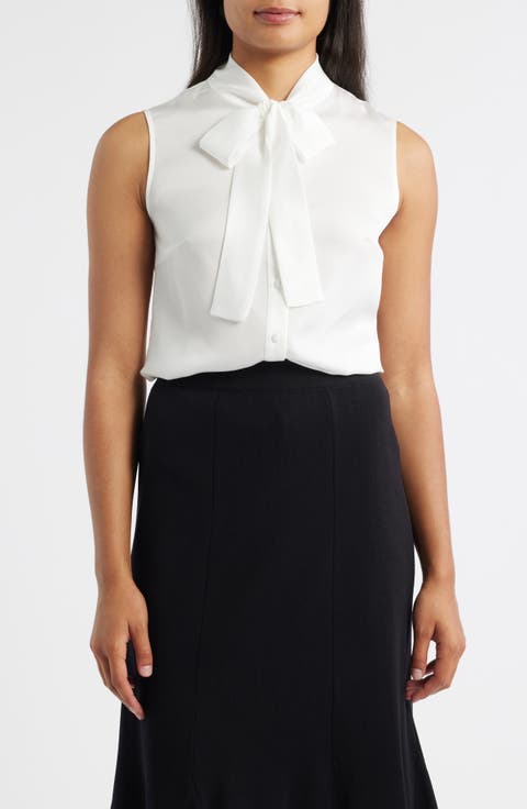 Pussybow Sleeveless Button-Up Shirt