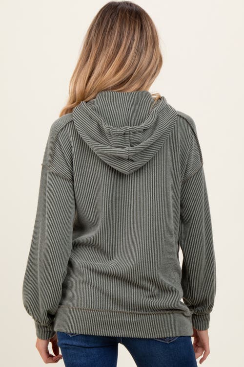 Pinkblush Ribbed Front Pocket Drawstring Hoodie In Green