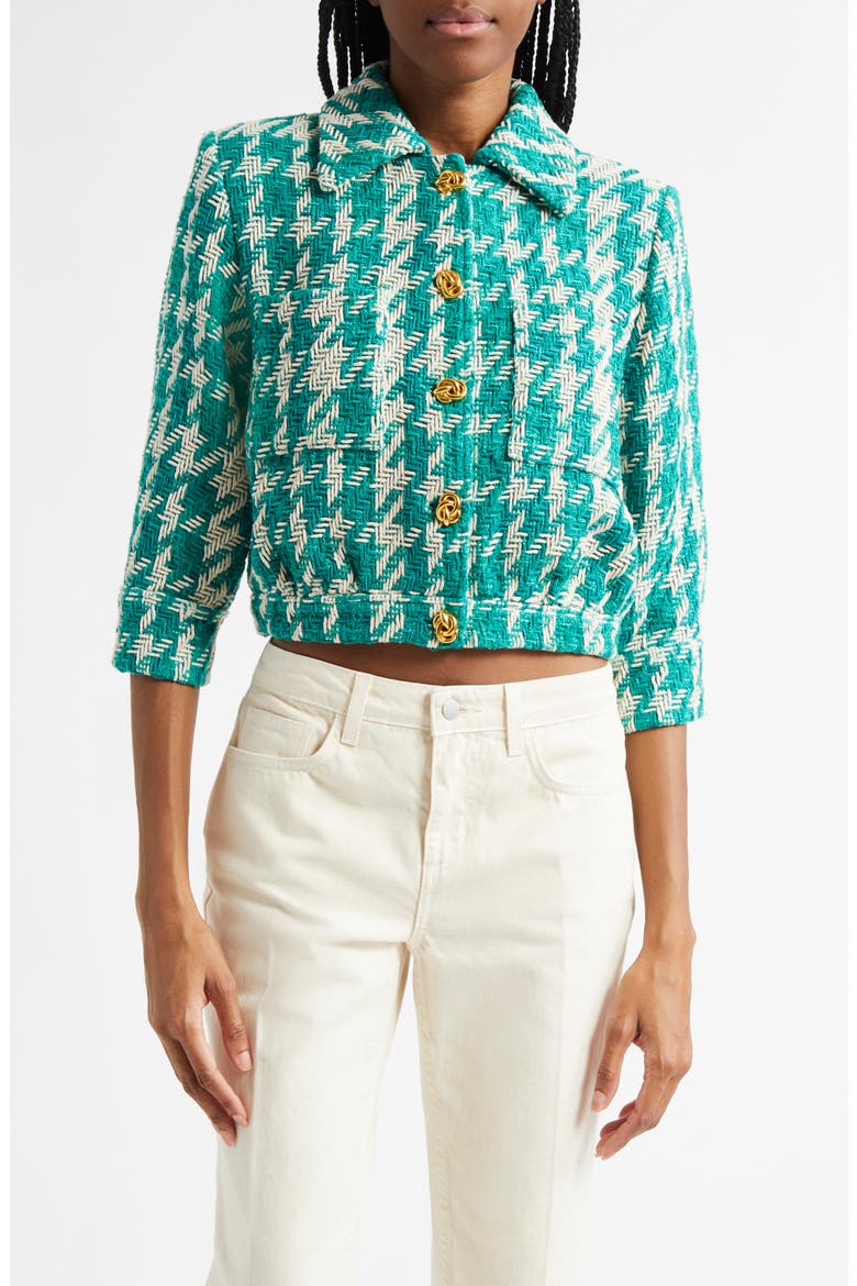 Jia Houndstooth Tweed Crop Jacket, Main, color, WHITE/ TEAL HOUNDSTOOTH