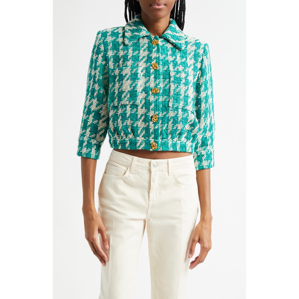 L Agence L'agence Jia Cropped Three Quarter Sleeve Jacket In White/teal Houndstooth