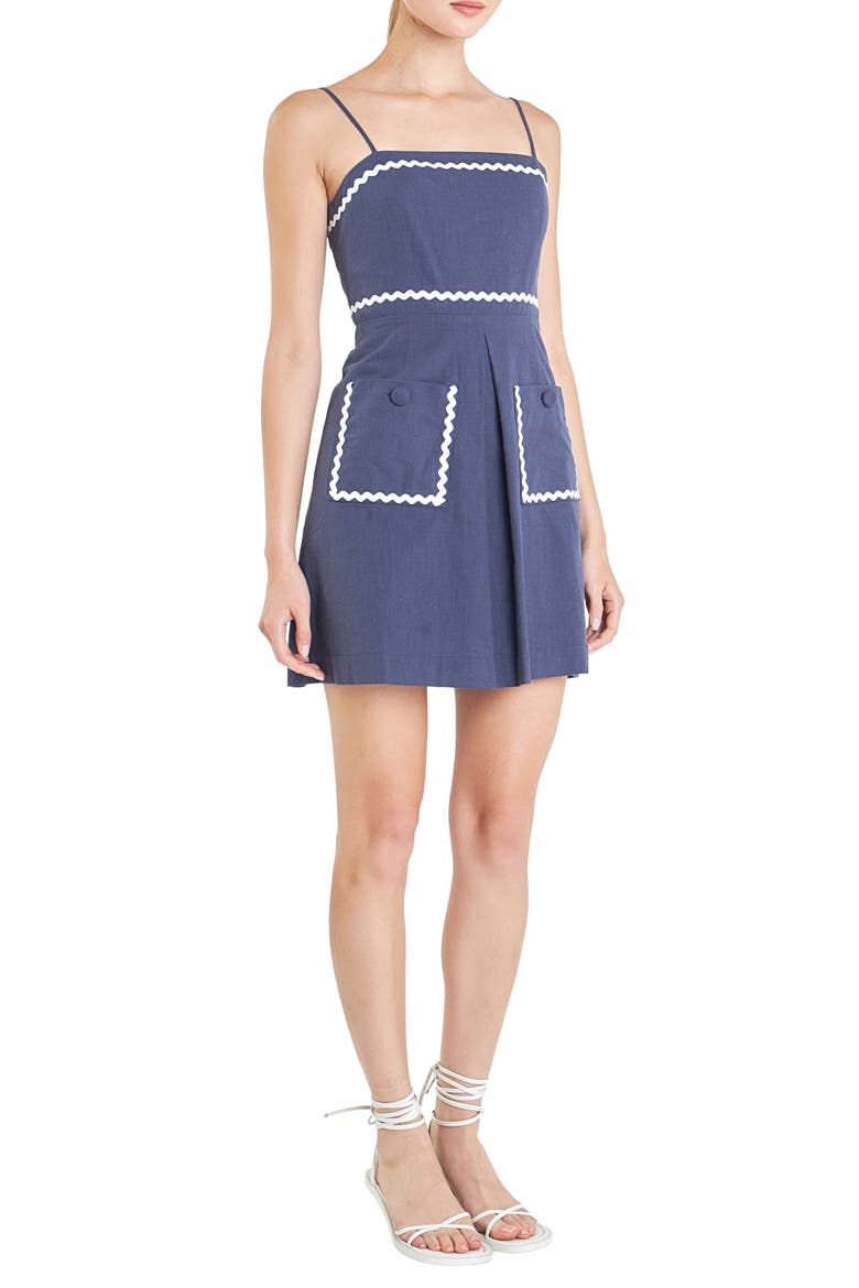 Rickrack Trim Sleeveless Linen & Cotton Minidress, Alternate, color, NAVY