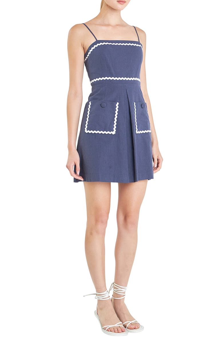English Factory Rickrack Trim Sleeveless Linen & Cotton Minidress, Alternate, color, Navy