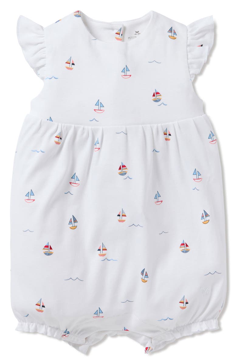 Petite Plume Sailboat Print Pima Cotton Romper, Main, color, White