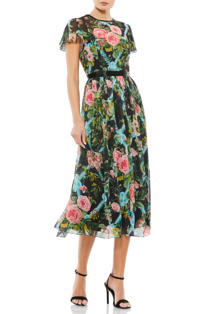 Mac Duggal Floral Illusion Cap Sleeve Midi Dress, Main, color, 