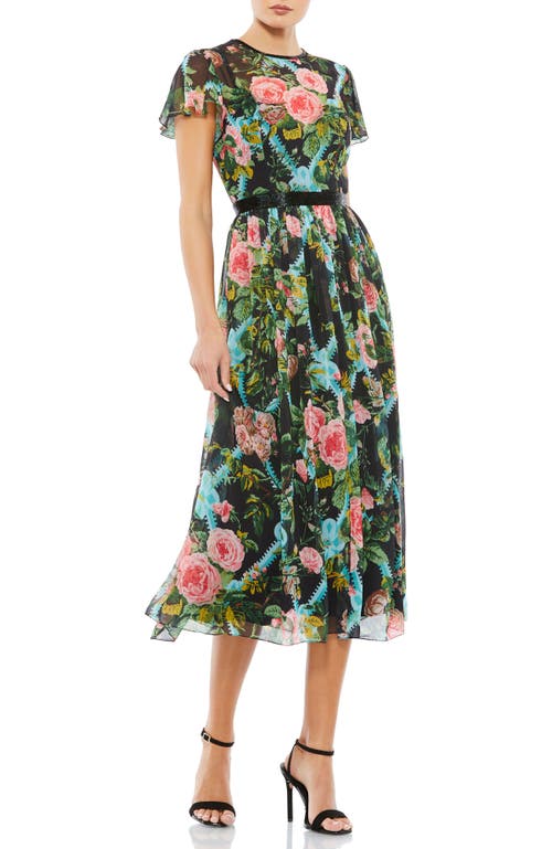 Mac Duggal Floral Illusion Cap Sleeve Midi Dress In Black Multi