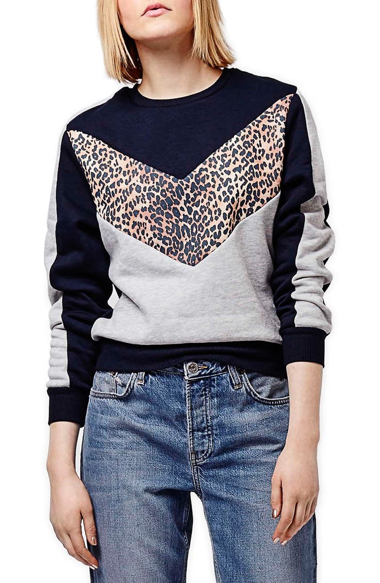 Topshop Leopard Print Colorblock Sweatshirt, Main, color,