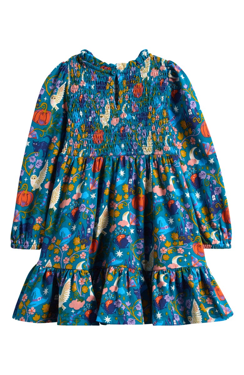 Mini Boden Kids' Twirly Smocked Long Sleeve Cotton Dress, Alternate, color, Deep Sea Green Spooky Toile