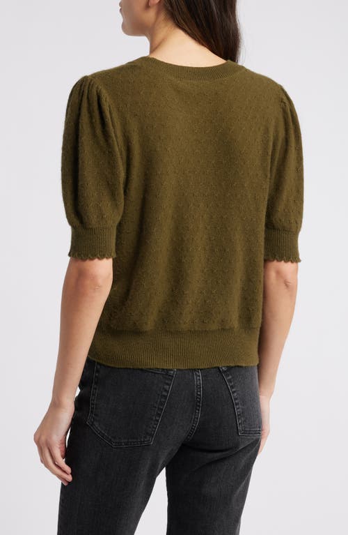 Frame Puff Sleeve Pointelle Cashmere Sweater In Military Green