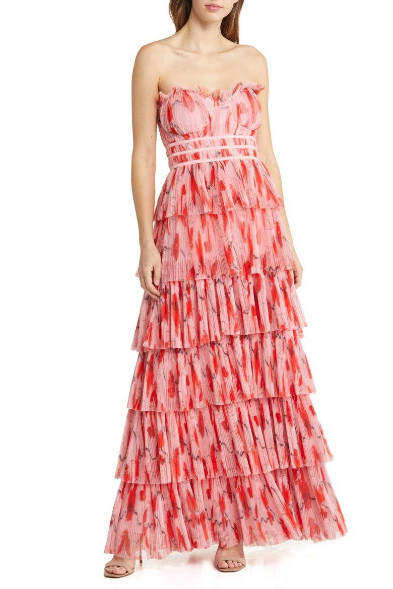 Monaco Strapless Ruffle Tiered Plissé Gown, Main, color, BLUSH RED POPPIES TULLE
