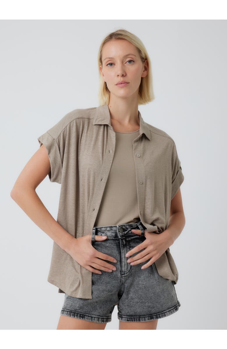 Majestic Filatures Stretch Linen S/S Shirt With Rolled Cuff, Main, color, Desert