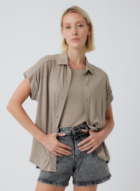 Stretch Linen S/S Shirt With Rolled Cuff