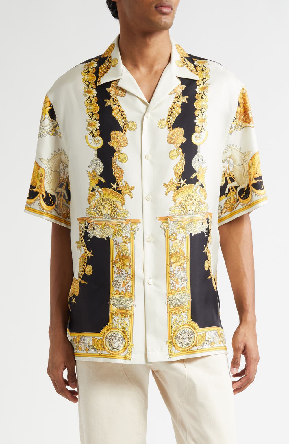 Coral Theater Silk Twill Camp Shirt, color, IVORY BLACK GOLD