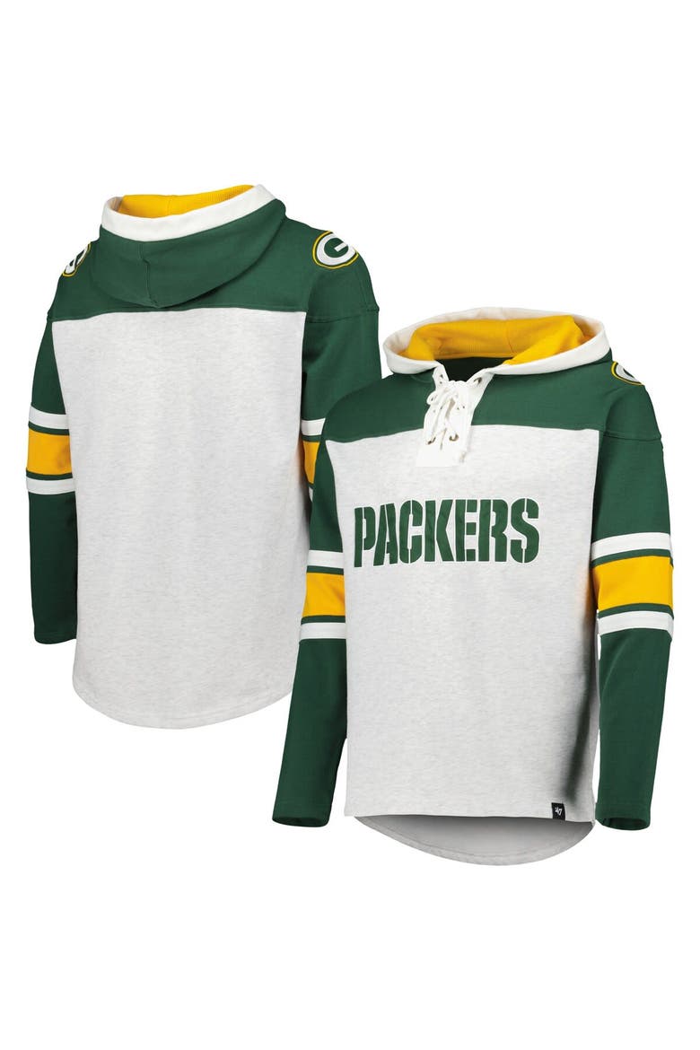 Men's '47 Green Bay Packers Heather Gray Gridiron Lace-Up Pullover Hoodie, Alternate, color, Heather Gray