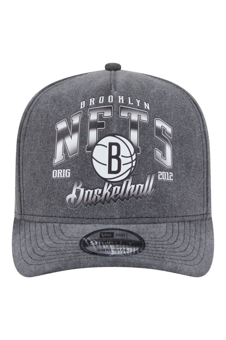 Men's New Era  Charcoal Brooklyn Nets Throwback Washed Pre-Curved 9FIFTY Snapback Hat, Alternate, color, Charcoal