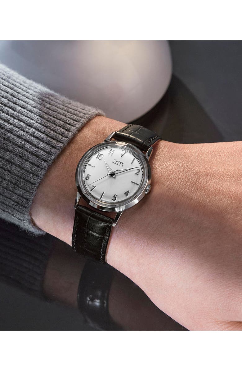 Timex<sup>®</sup> Marlin<sup>®</sup> Croc Embossed Leather Strap Watch, 34mm, Alternate, color, Black