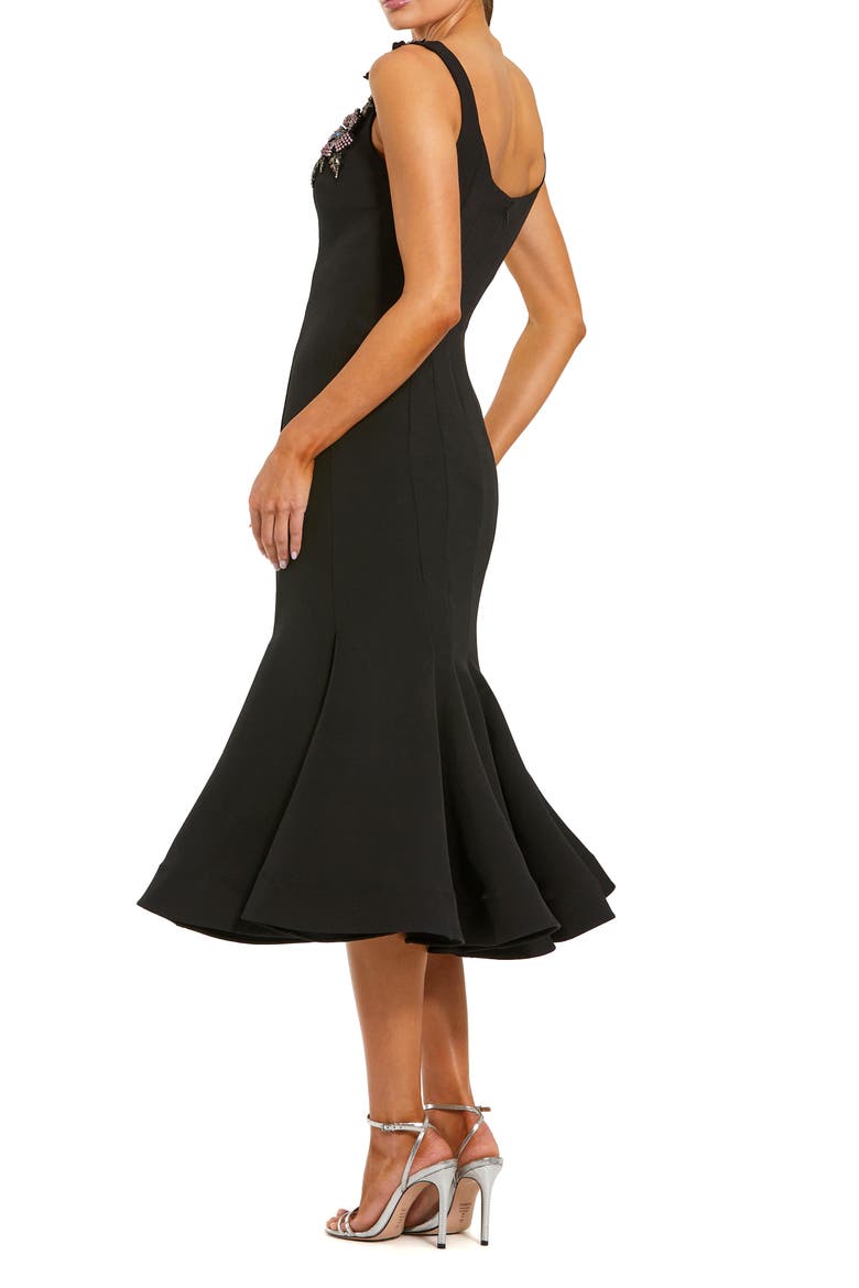 Floral Appliqué Strap Crepe Trumpet Midi Dress, Alternate, color, Black