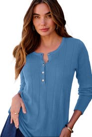 Roaman's Plus Size Drop Needle Henley Lightweight Sweater Knit