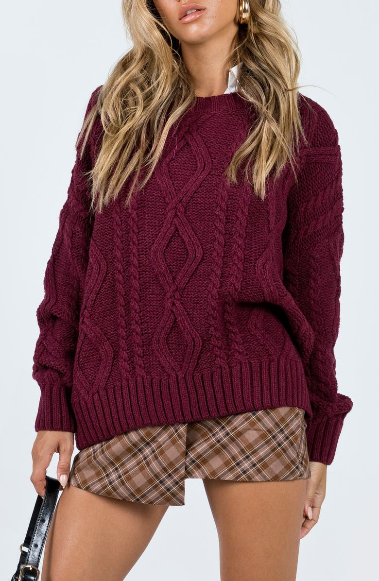 Princess Polly Anaya Oversize Cable Stitch Sweater, Main, color, Dark Red