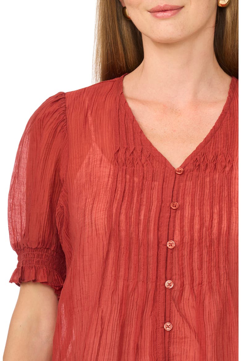 Pintuck V-Neck Puff Sleeve Top, Alternate, color, RUST