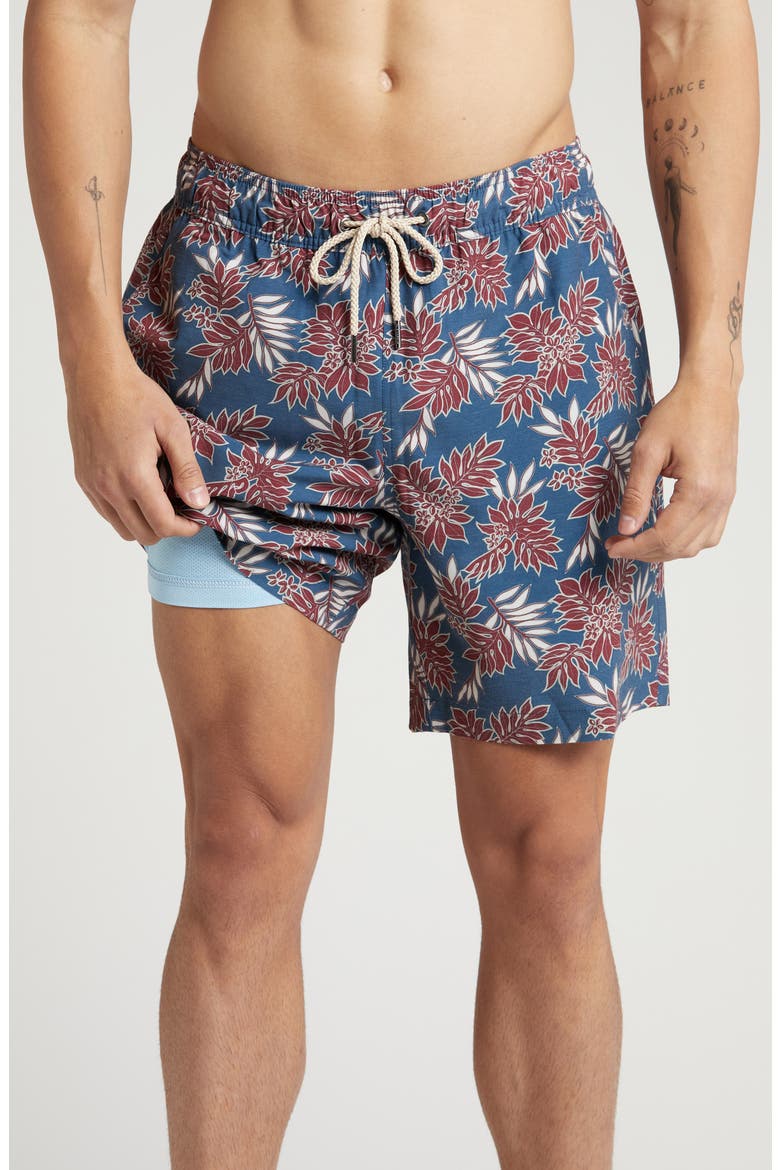 The Bayberry Medallion Print Water Repellent Swim Trunks, Main, color, NAVY CRIMSON LEAVES