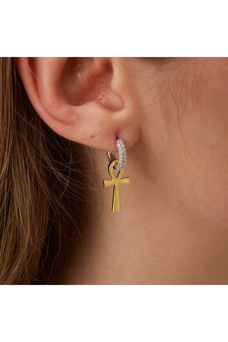 Sterling Silver Egyptian Ankh Zirconia Hoop Earring, Alternate, color, Gold